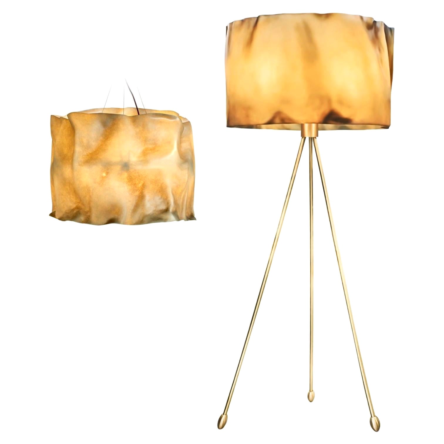 New Pair of Floor Lamp and Suspension Lamp in Resin Finished in Aged Natural