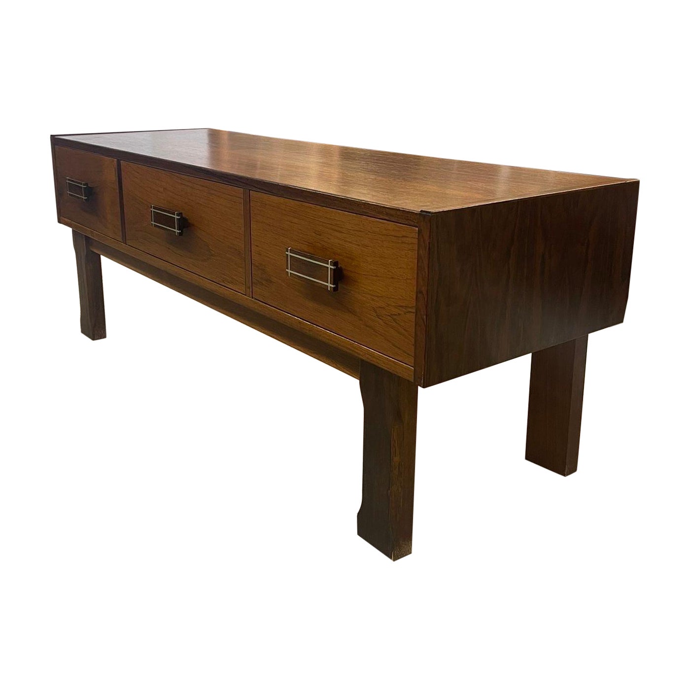 Imported Vintage Danish Modern Walnut Toned Low Console Coffee Table  For Sale