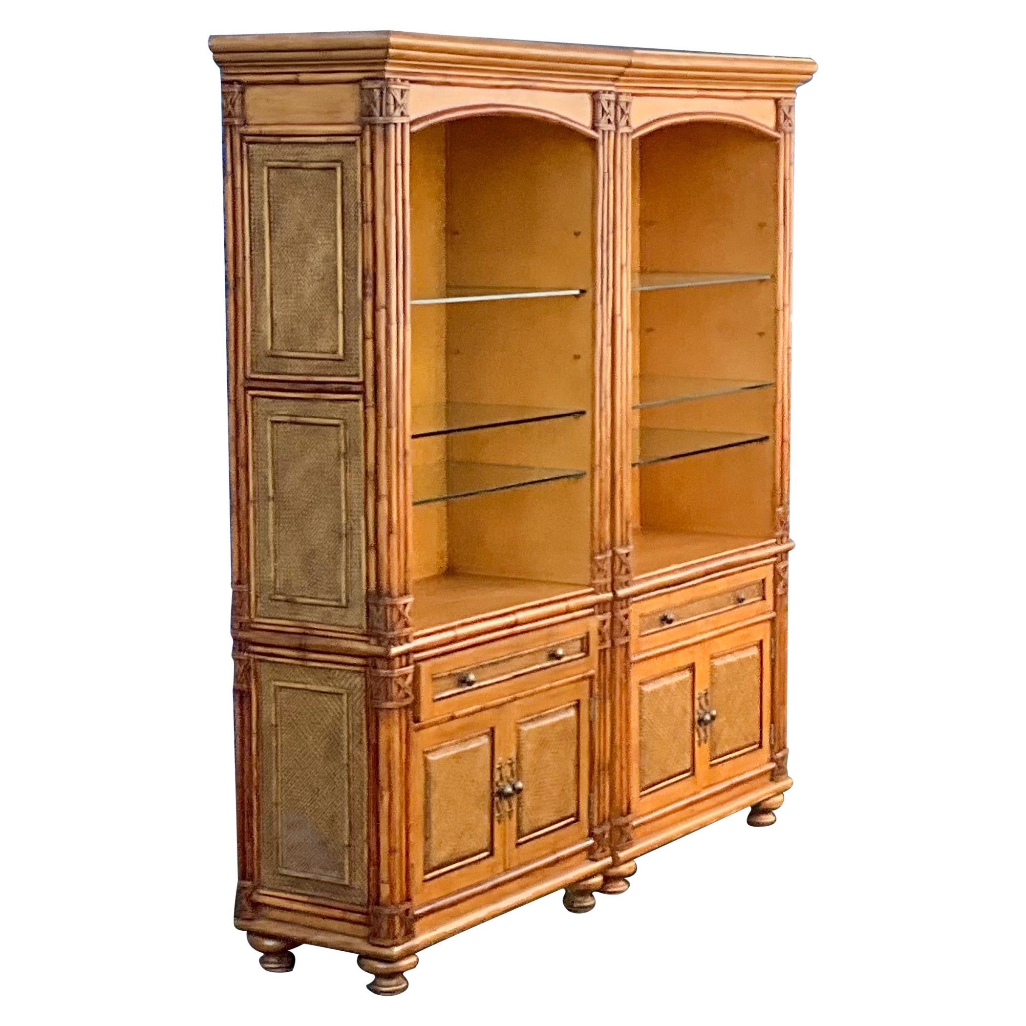 Regency Coastal Style Faux Bamboo Fruitwood Bookcases / Display Cabinets - S/2 For Sale