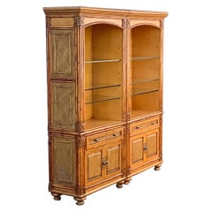 Retro Regency Coastal Style Faux Bamboo Fruitwood Bookcases / Display Cabinets - S/2