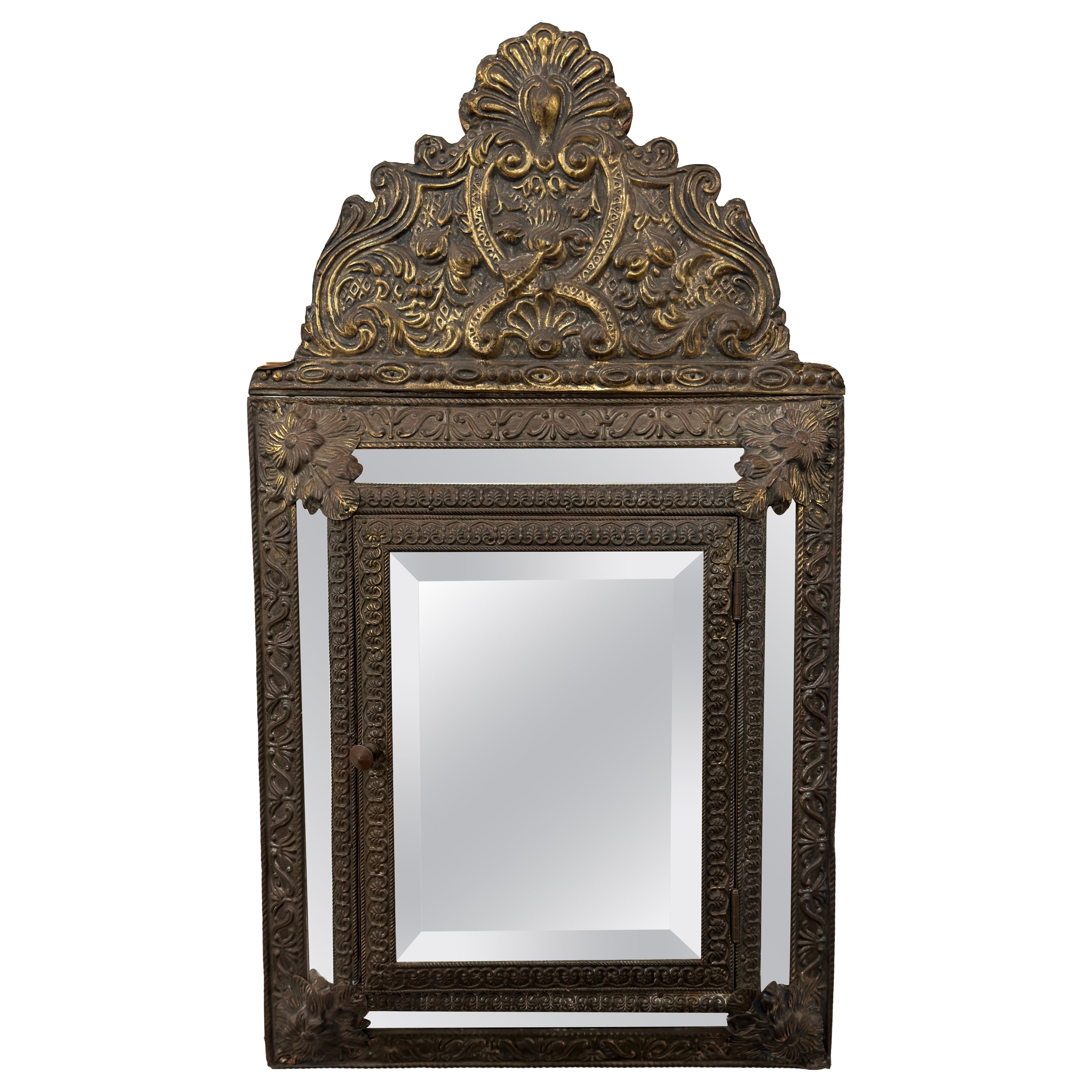 Vintage Baroque Style Embossed Brass Mirror Cabinet For Sale