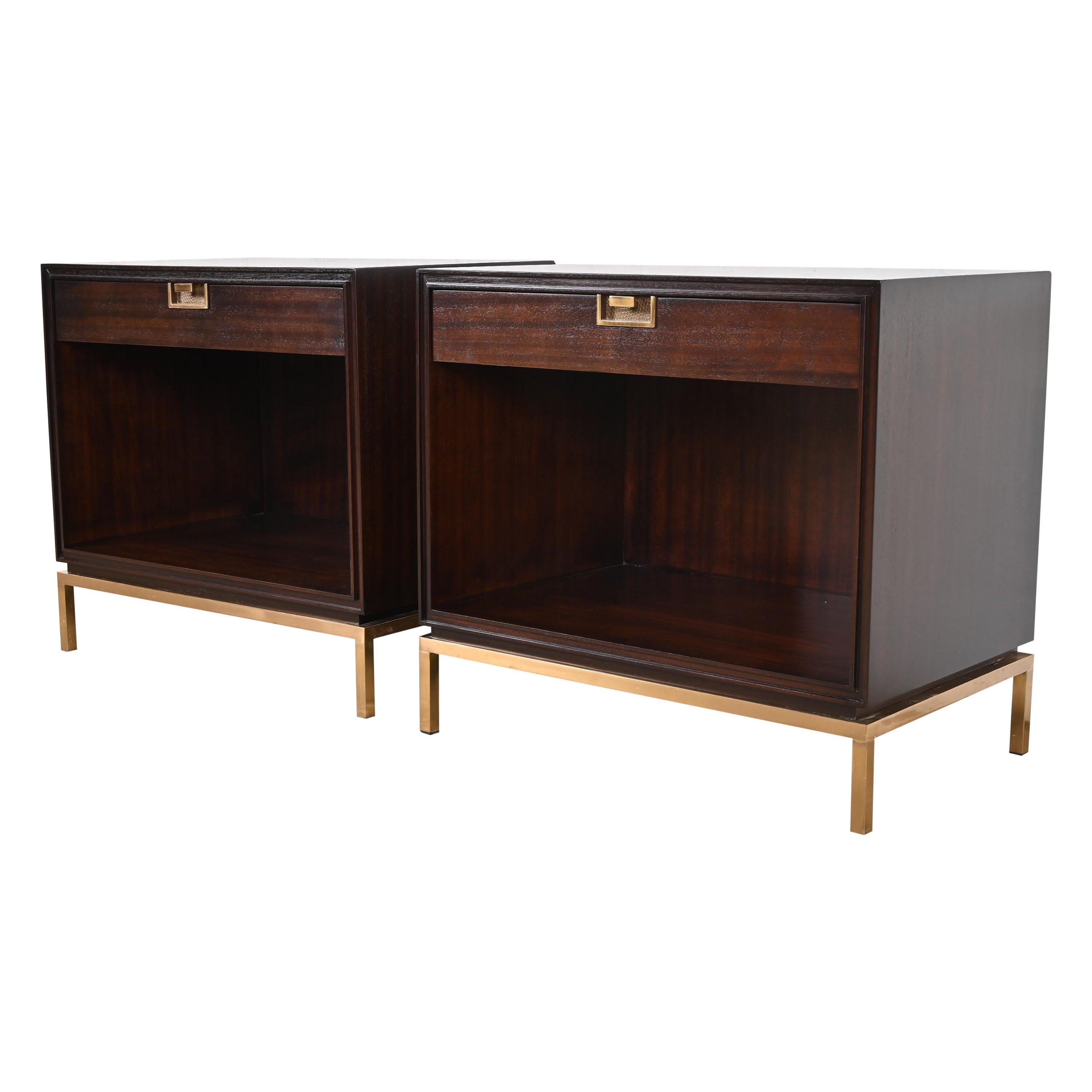 Thomas Pheasant for Baker Furniture Campaign Mahogany and Brass Nightstands For Sale