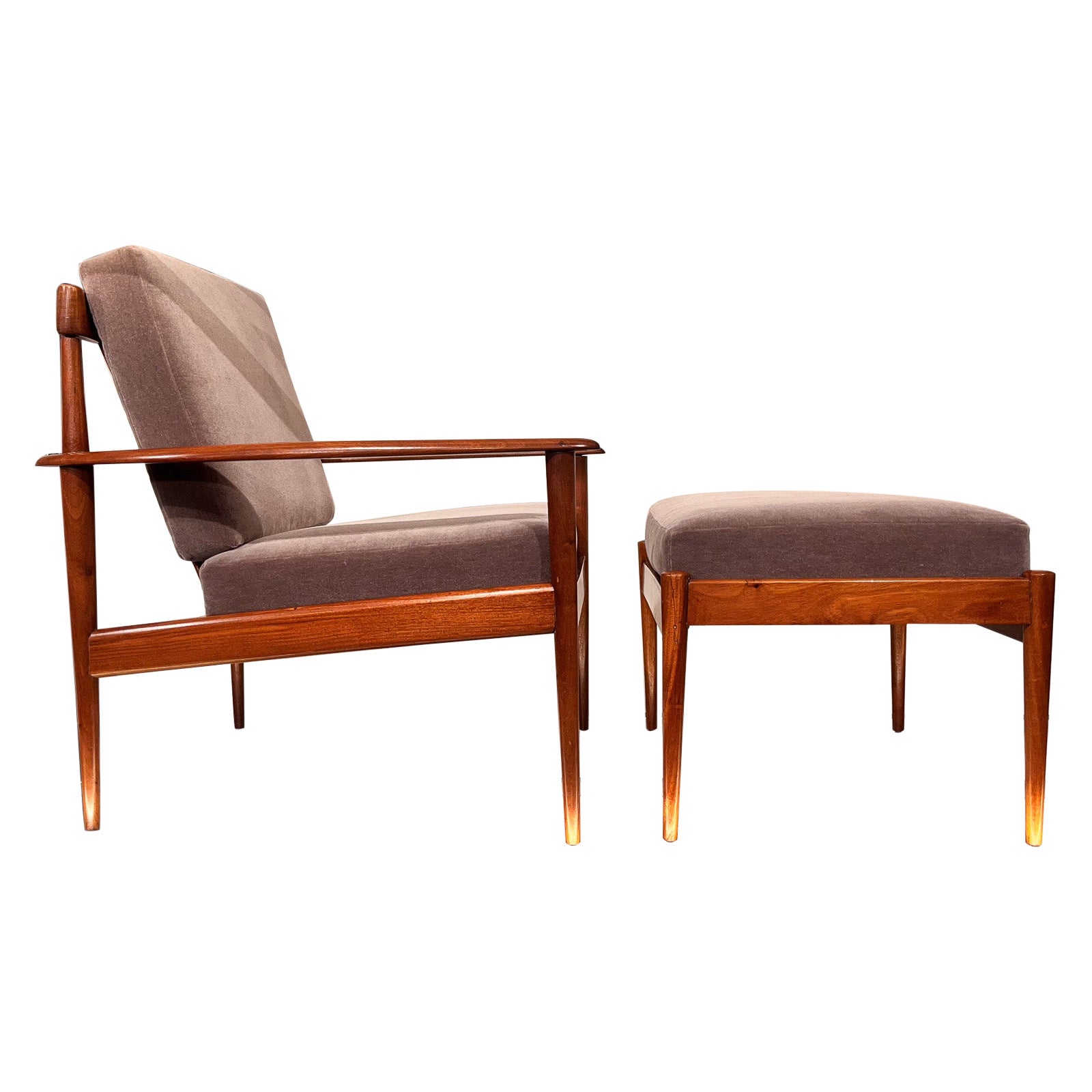 Grete Jalk Armchair with Ottoman in Caviuna Wood & Beige Fabric, Rino Levi, 1960 For Sale