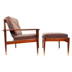 Fauteuil Grete Jalk avec ottoman en bois de Caviuna et tissu beige, Rino Levi, 1960