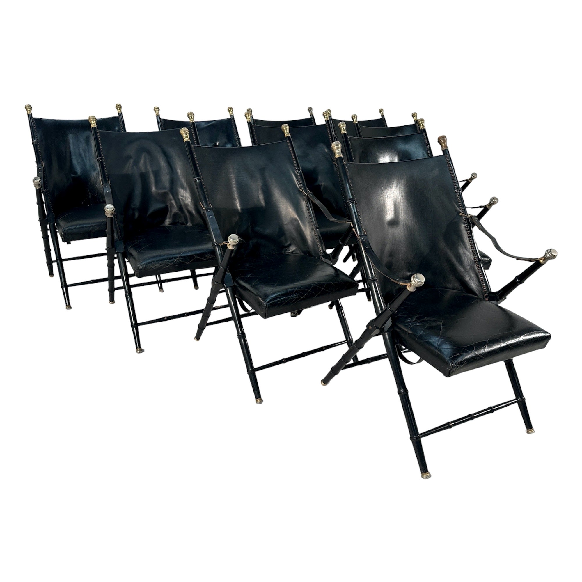 Set of 10 Mid Century Italian Folding leather Chairs 1960s For Sale