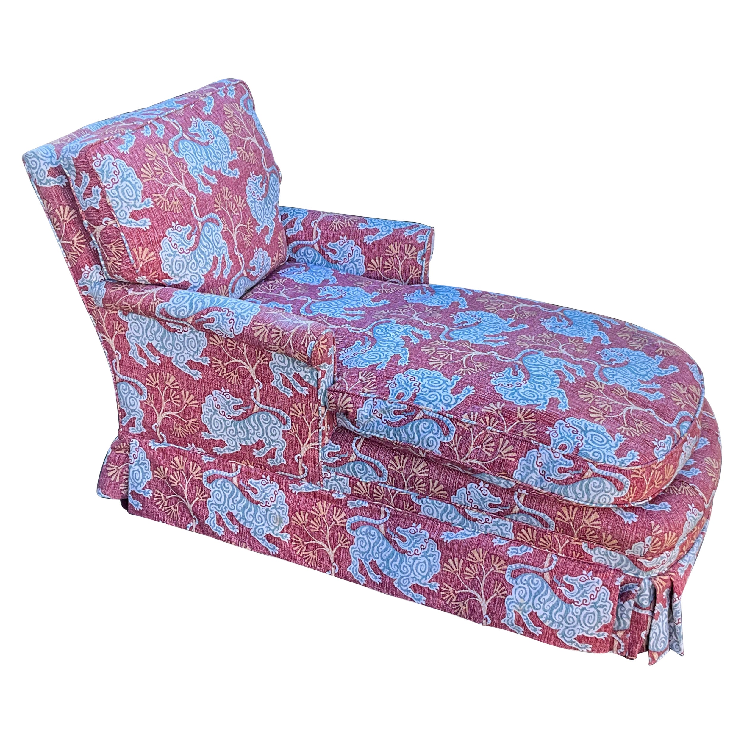 Mid-Century Chaise Lounge Newly Upholstered In Chinoiserie Tiger Printed Cotton  For Sale