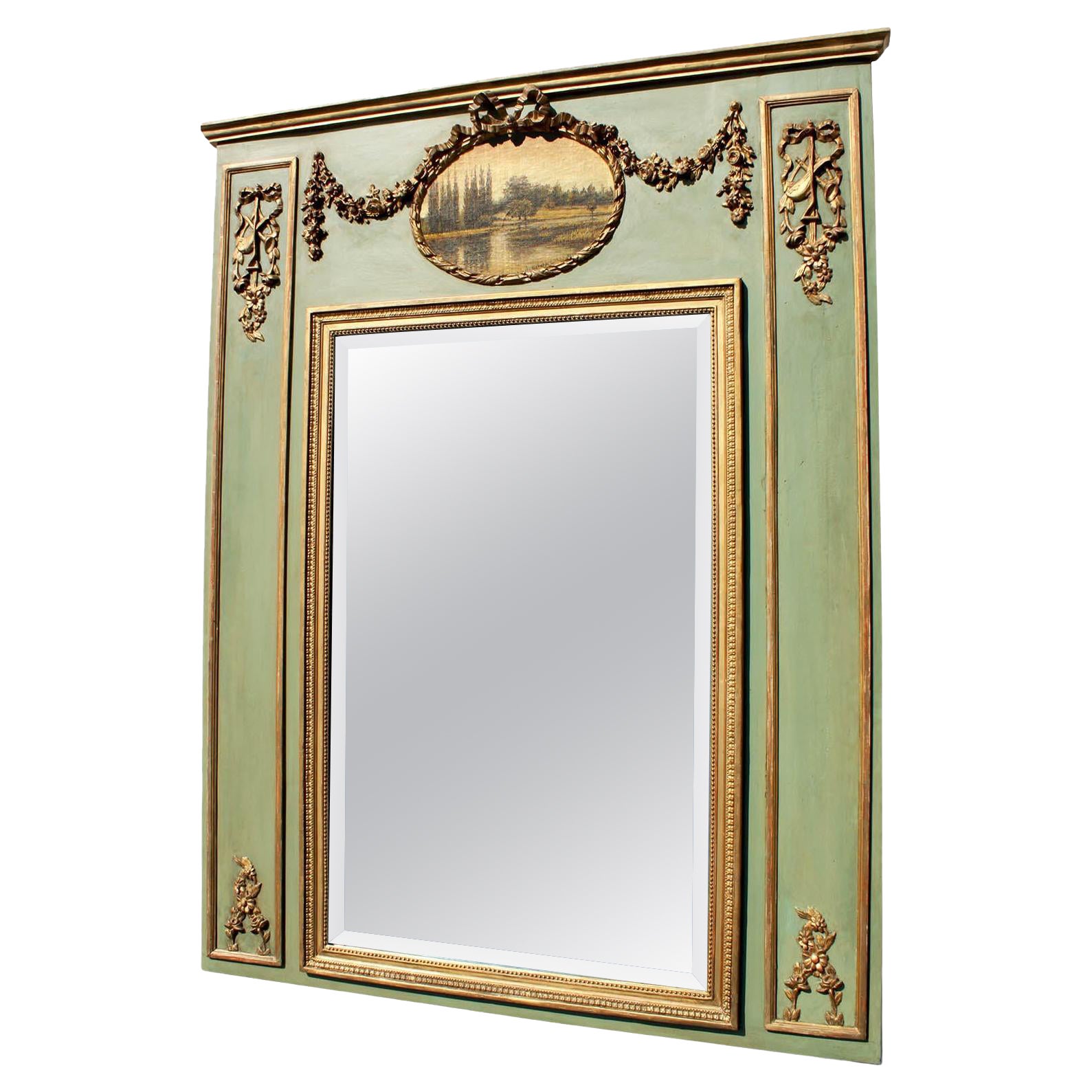 Cadre de miroir Trumeau de style Louis XVI du 19e-20e siècle, doré à la feuille et vert en vente