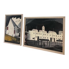 Paar Original Cityscape-Gemälde im Vintage-Stil, signiert und gerahmt.