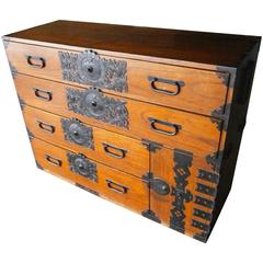 Japanese Meiji Period Stained Pine Tansu Chest  Circa 1900