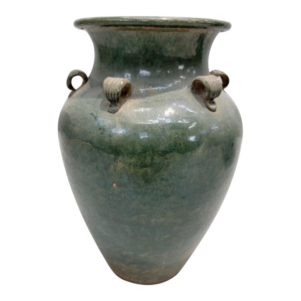Antique Stoneware Small Green-Glazed Mataban Jar For Sale