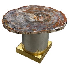 Table en dalle de bois pétrifié d'Arizona sur base en laiton et en acier inoxydable