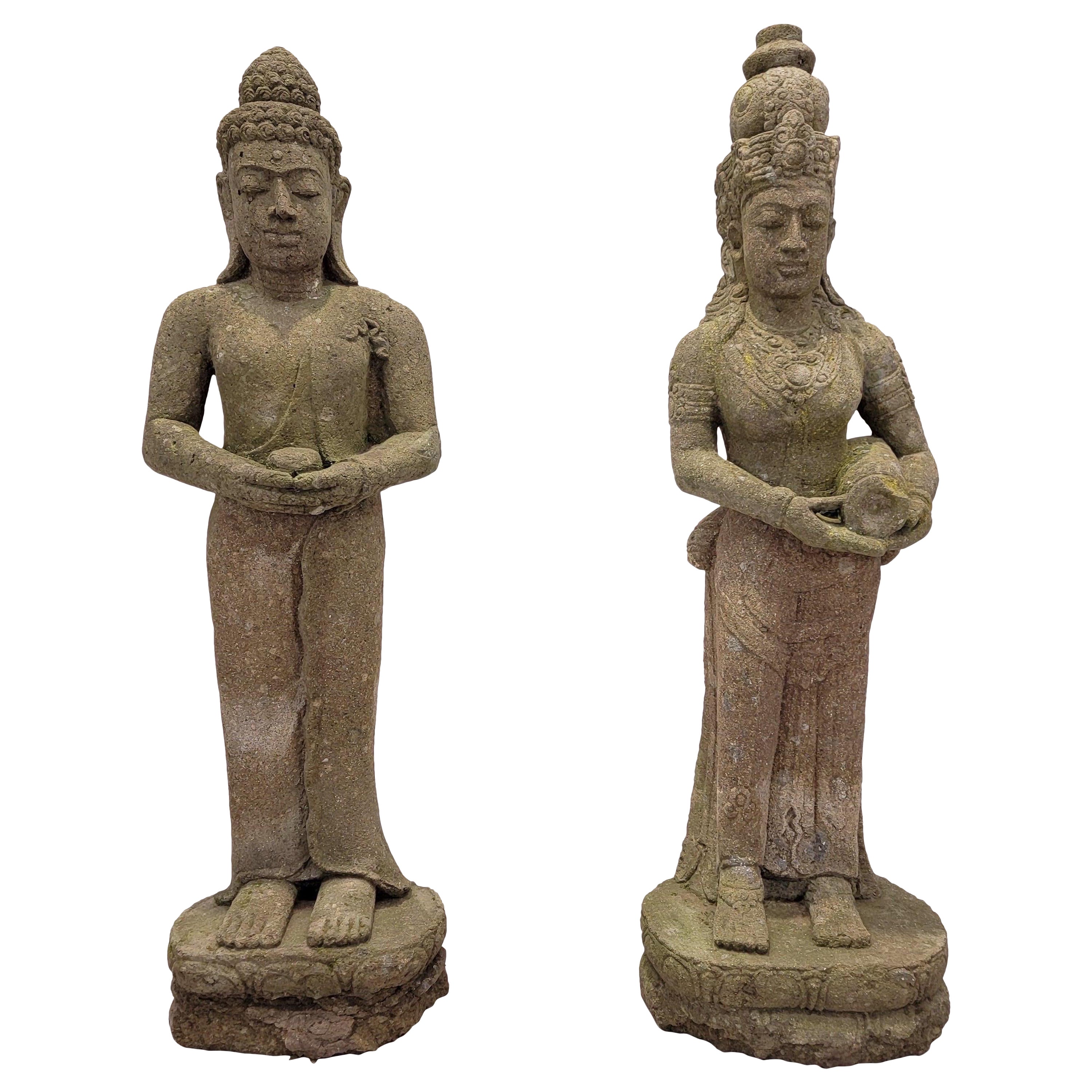 Antique Balinese Buddha & Dewi Tara Goddess Indoor/Outdoor Garden Statues- Pair