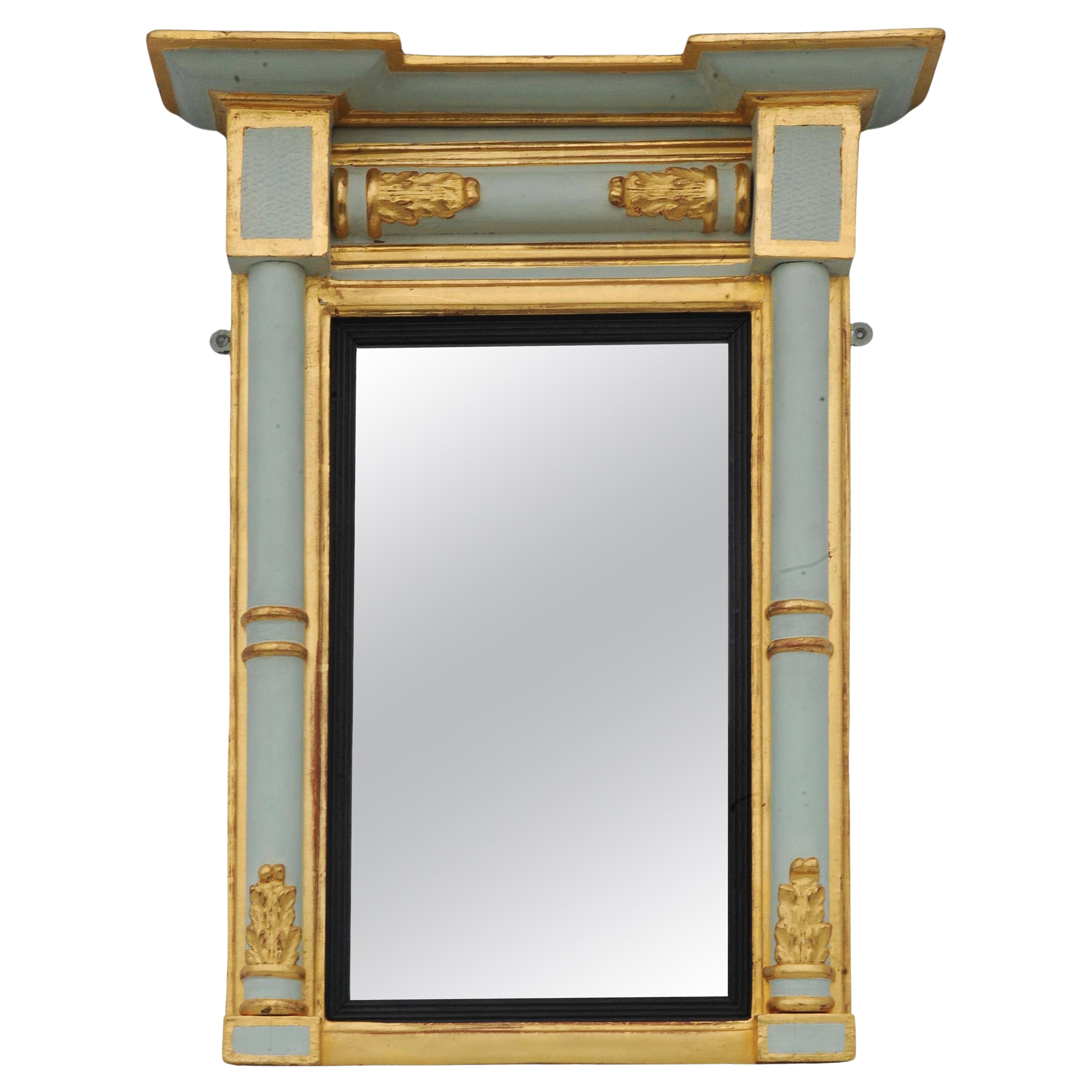 19th Century Egyptian Revival Pale Blue Hand Painted Parcel Gilt Pier Mirror For Sale