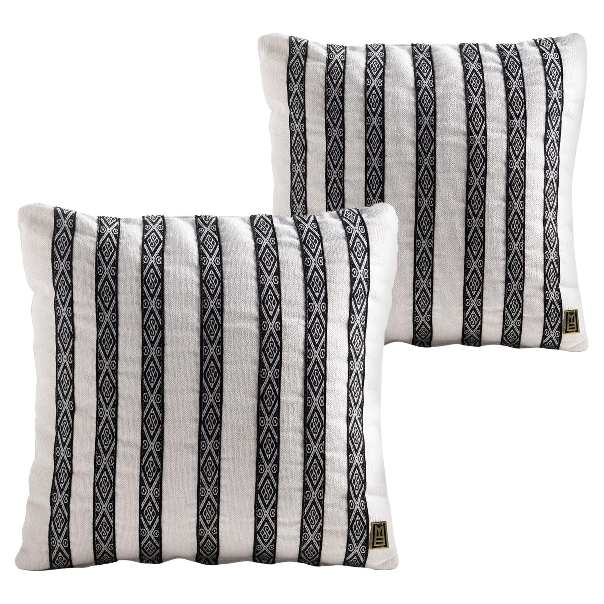 FAJAS Handwoven Artisanal Sash Pillows in Ivory Upholstery by ANDEAN, Set of 2 For Sale