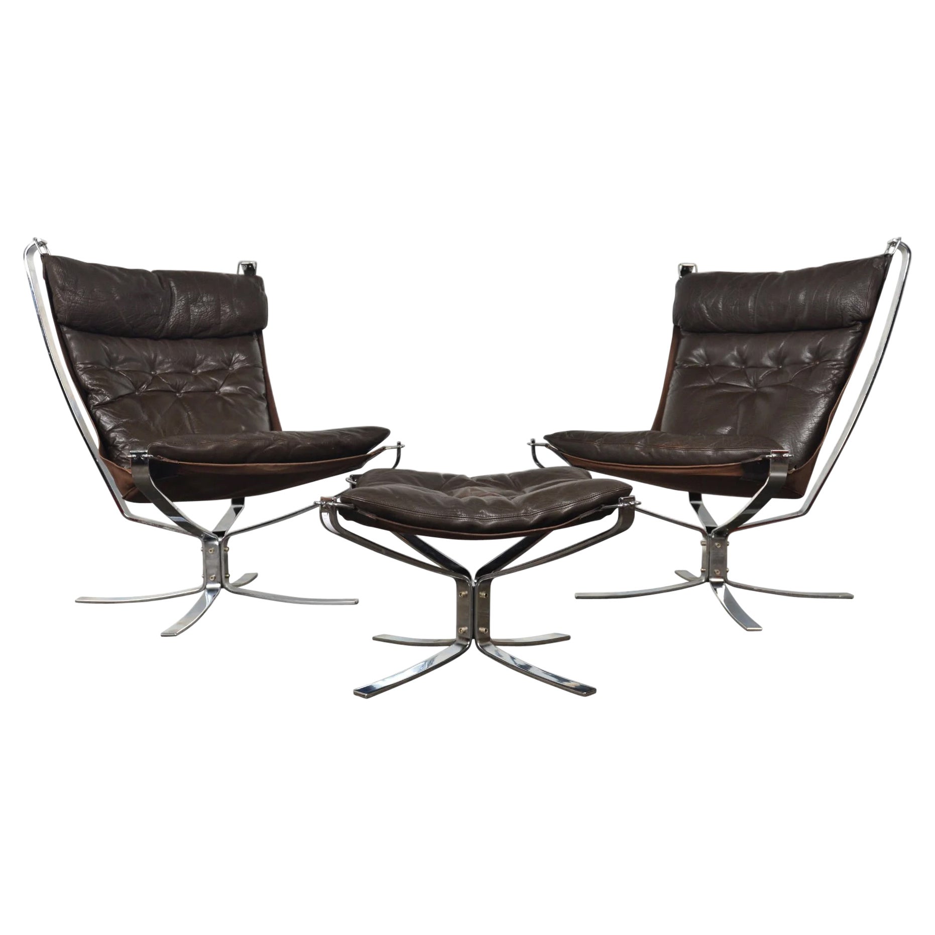 Pair Of Highback Falcon Lounge Chairs + Ottoman In Chrome