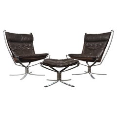 Retro Pair Of Highback Falcon Lounge Chairs + Ottoman In Chrome