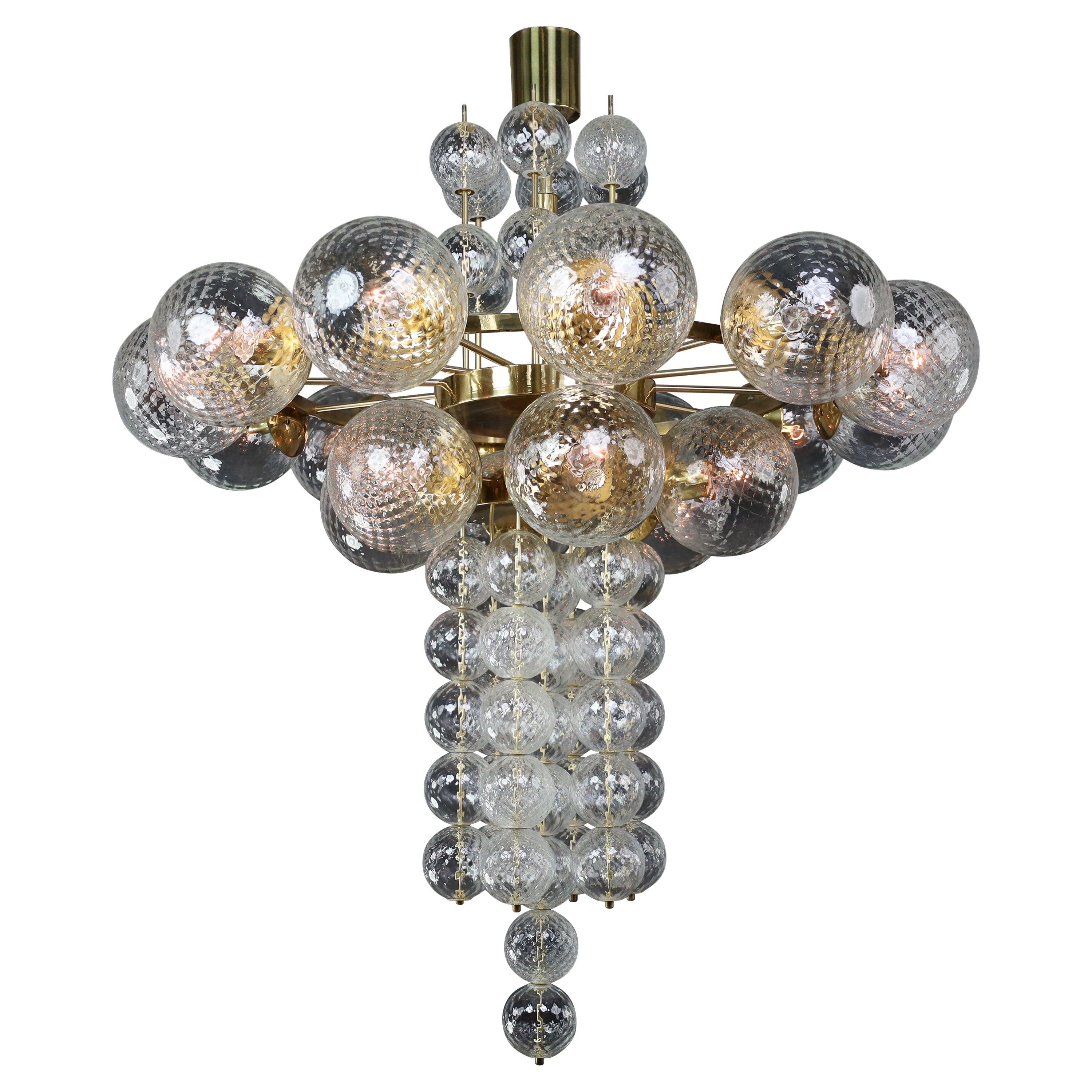 Large Chandelier with brass fixture and hand-blowed glass globes by Preciosa Cz.