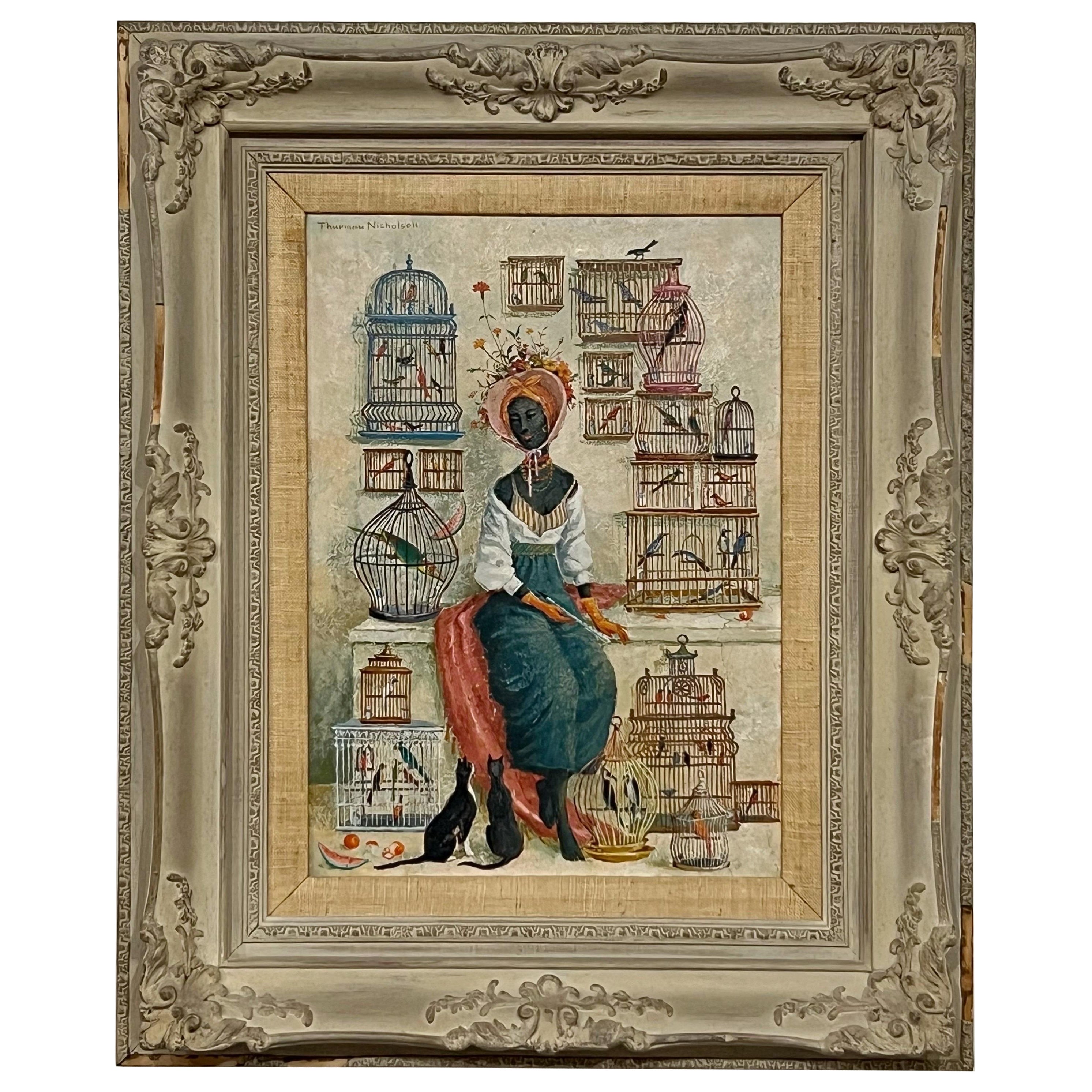Surrealist Lady with Birds Painting by Thurman Nicholson For Sale