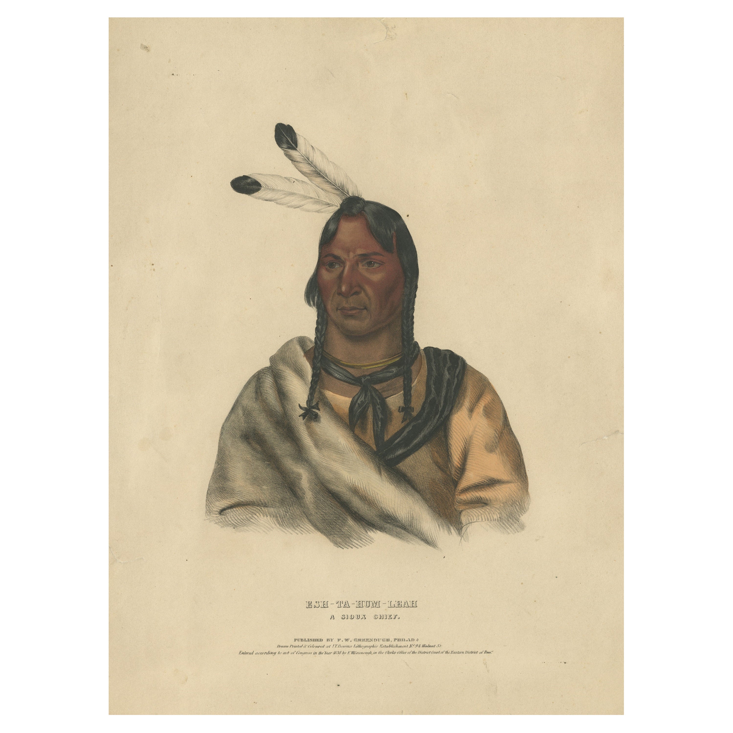 Grande gravure ancienne d'Esh-Ta-Hum-Leah, un chef Sioux, vers 1838