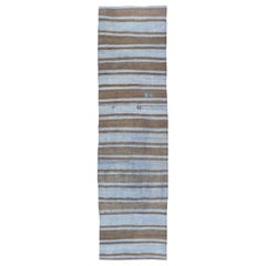 Vintage Turkish Kilim Runner In Earthy Brown and Blue Stripes 2'7 x 9'10