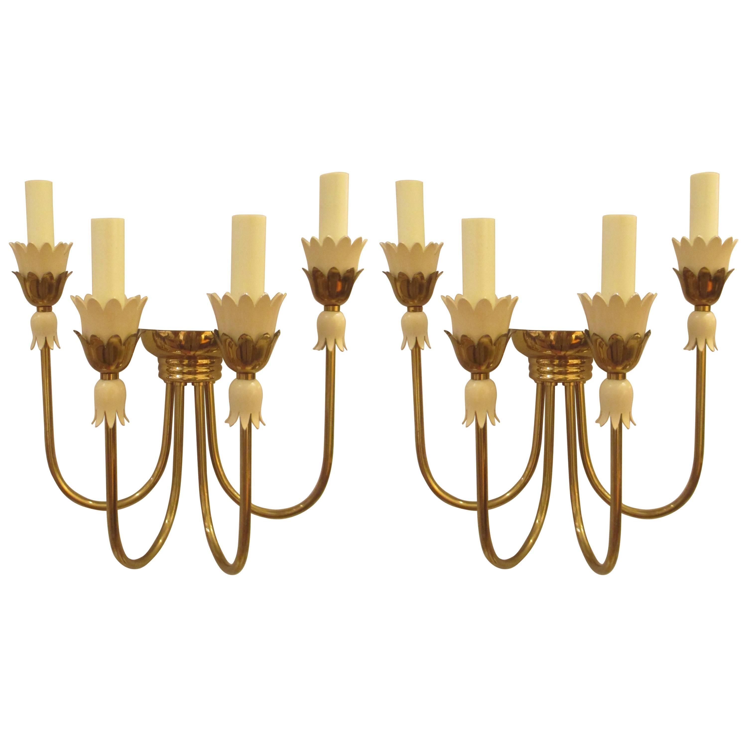 Pair of Mid-Century Italian Brass Sconces with Four Arms