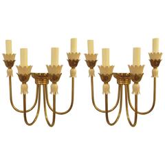 Pair of Mid-Century Italian Brass Sconces with Four Arms