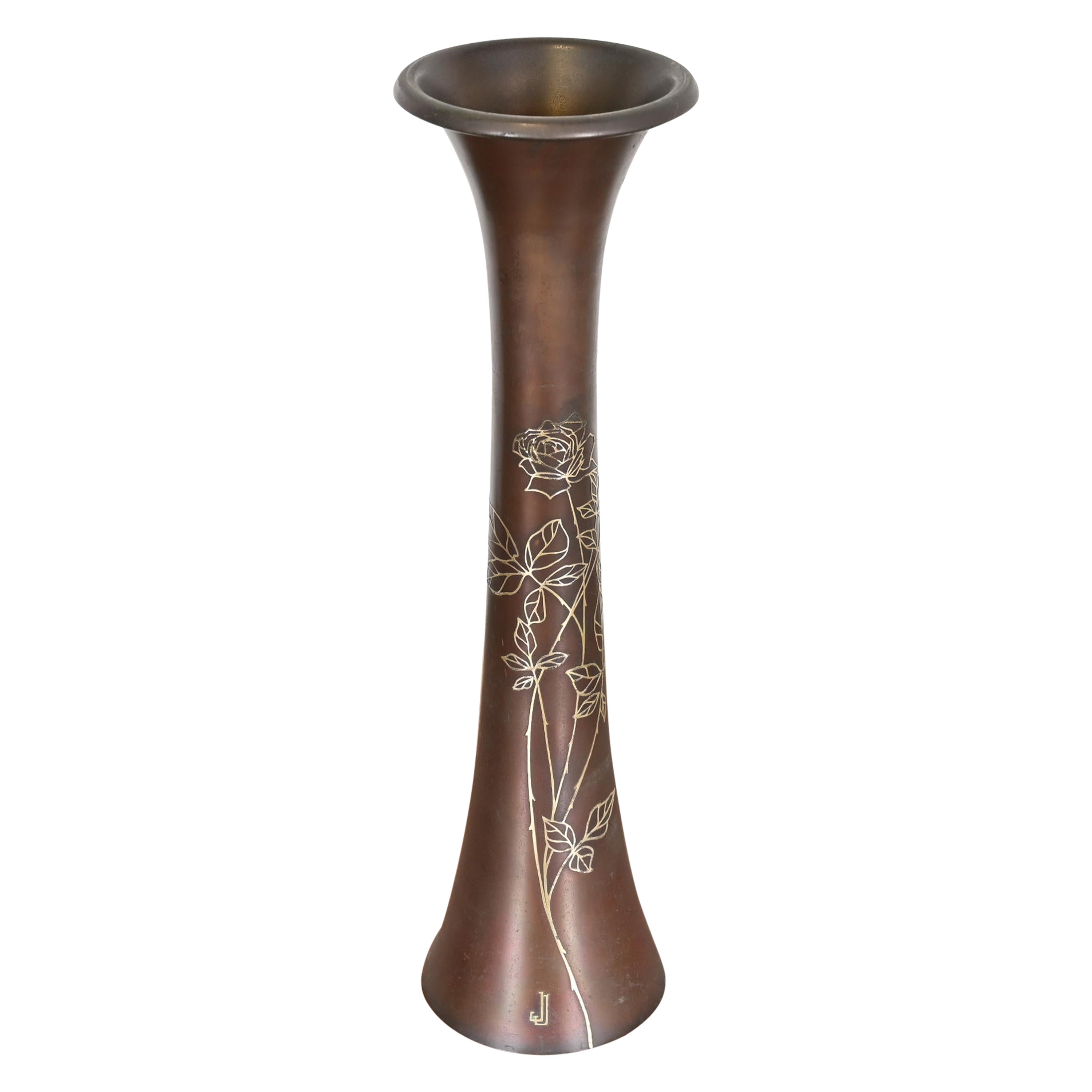 Heintz Arts & Crafts Sterling Silver on Bronze Trumpet Vase For Sale