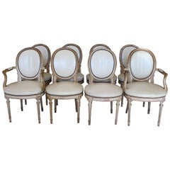 Antique Set of Eight French Late Louis XVI Style Dining Chairs with Leather Upholstery