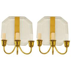 Pair of French 1970s Lucite and Brass Octagonal Three Arms Sconces 3