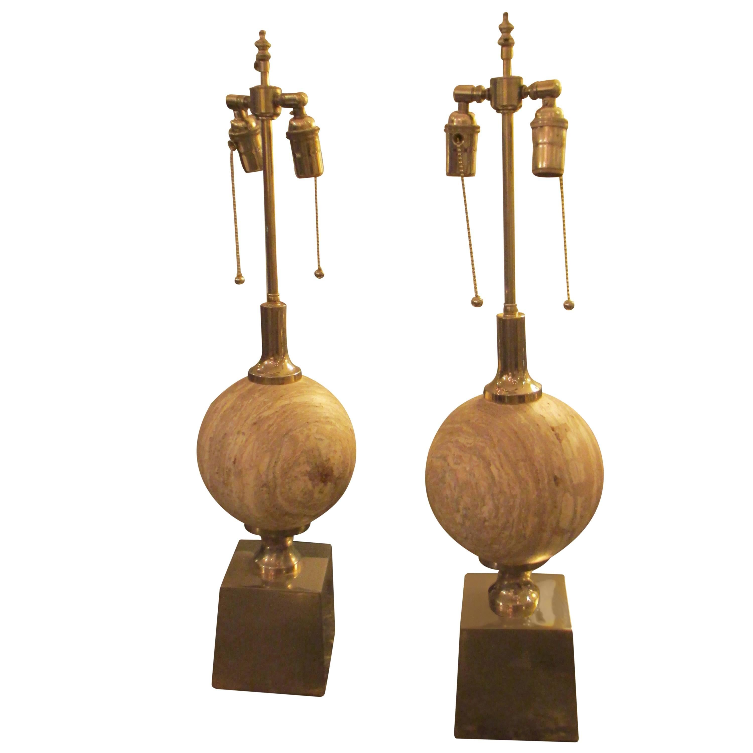 Sculptural Pair of Travertine Lamps on Chrome-Plated Plinth Bases
