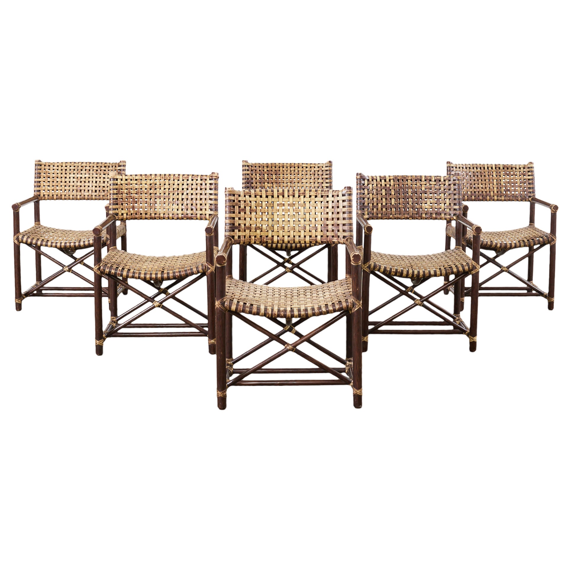 Set of Six McGuire Antalya Laced Rawhide Rattan Dining Armchairs  For Sale