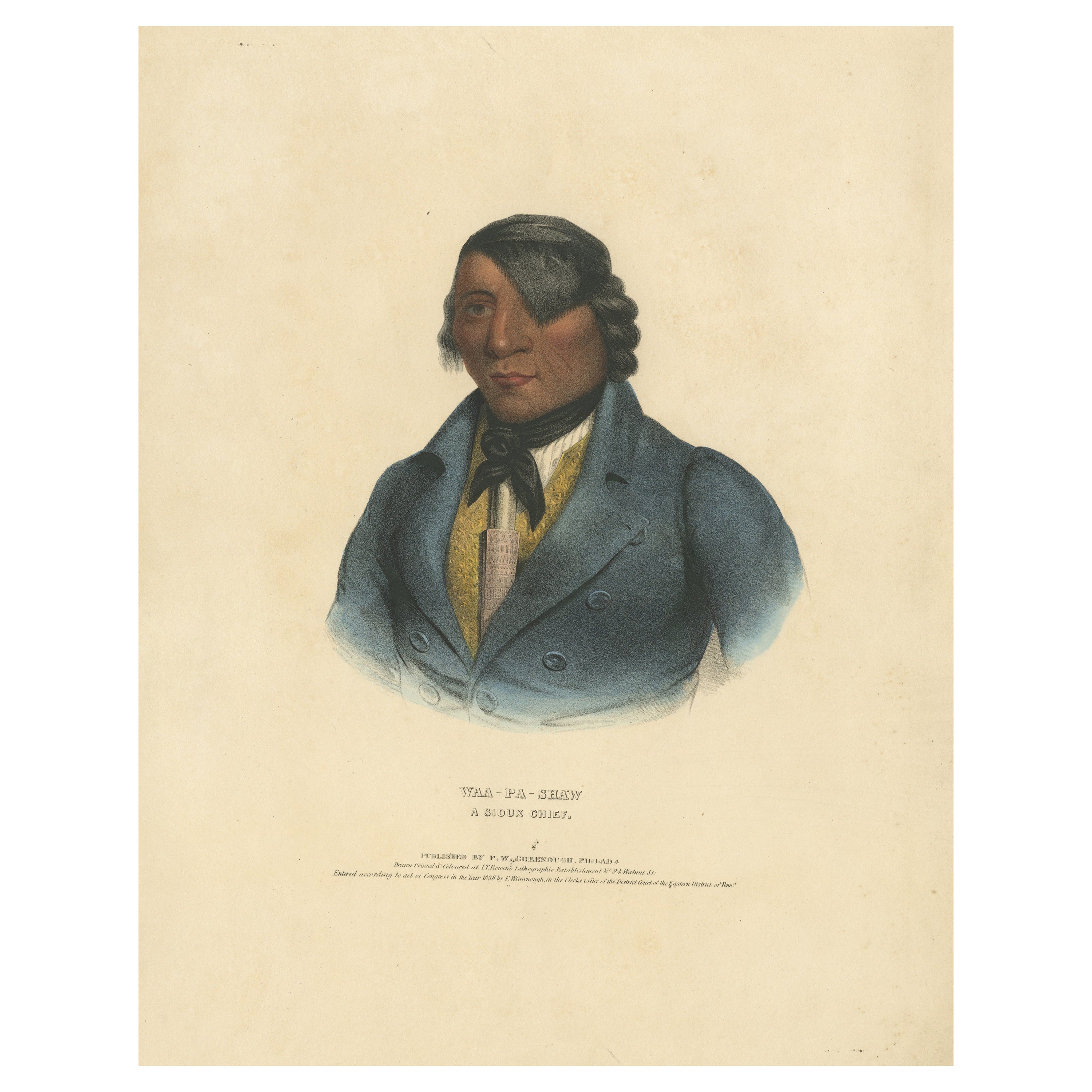 Grande gravure ancienne de Waa-Pa-Shaw, un chef Sioux, vers 1838