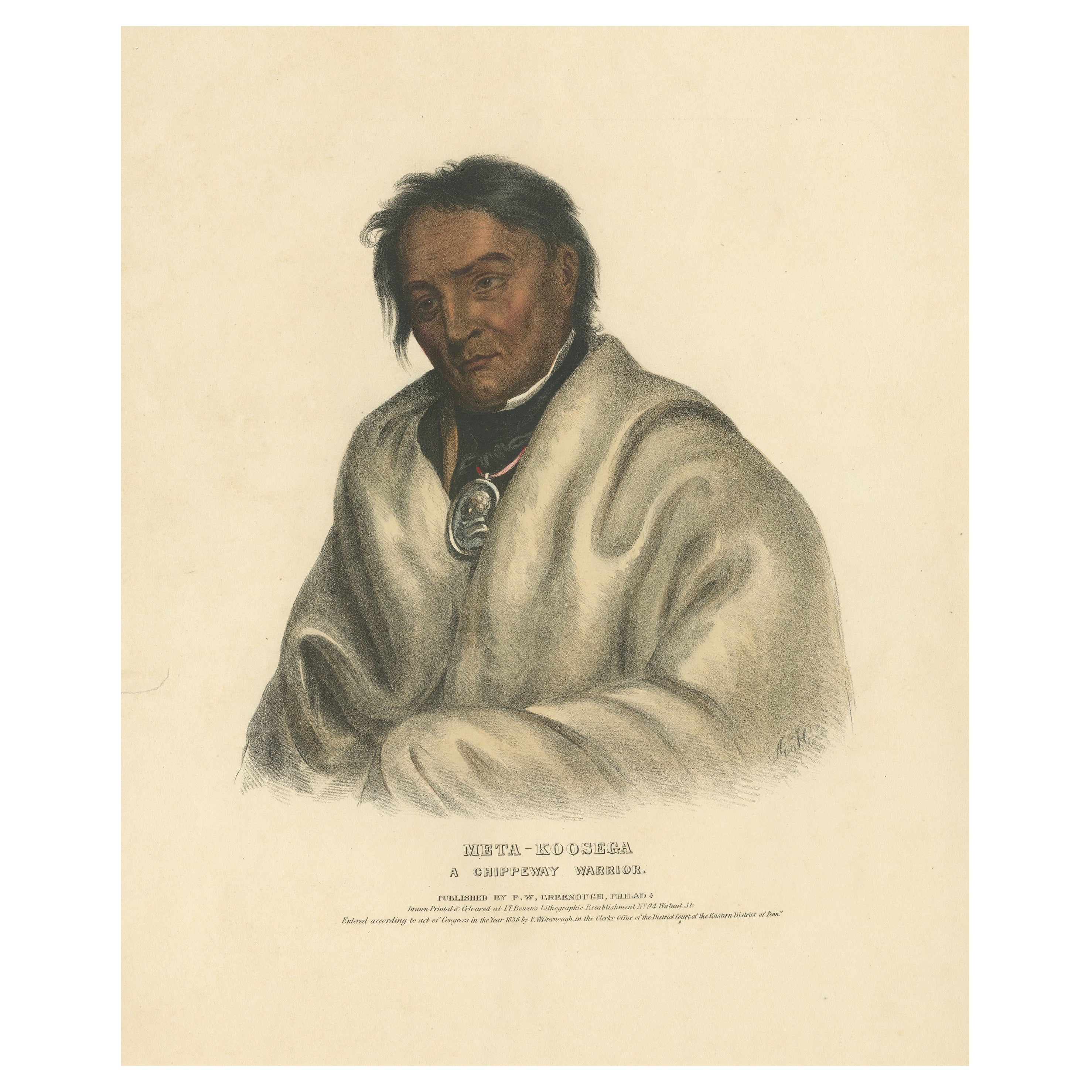 Large Antique Print of Meta-Koosega, an Ojibwe Warrior, circa 1838 For Sale