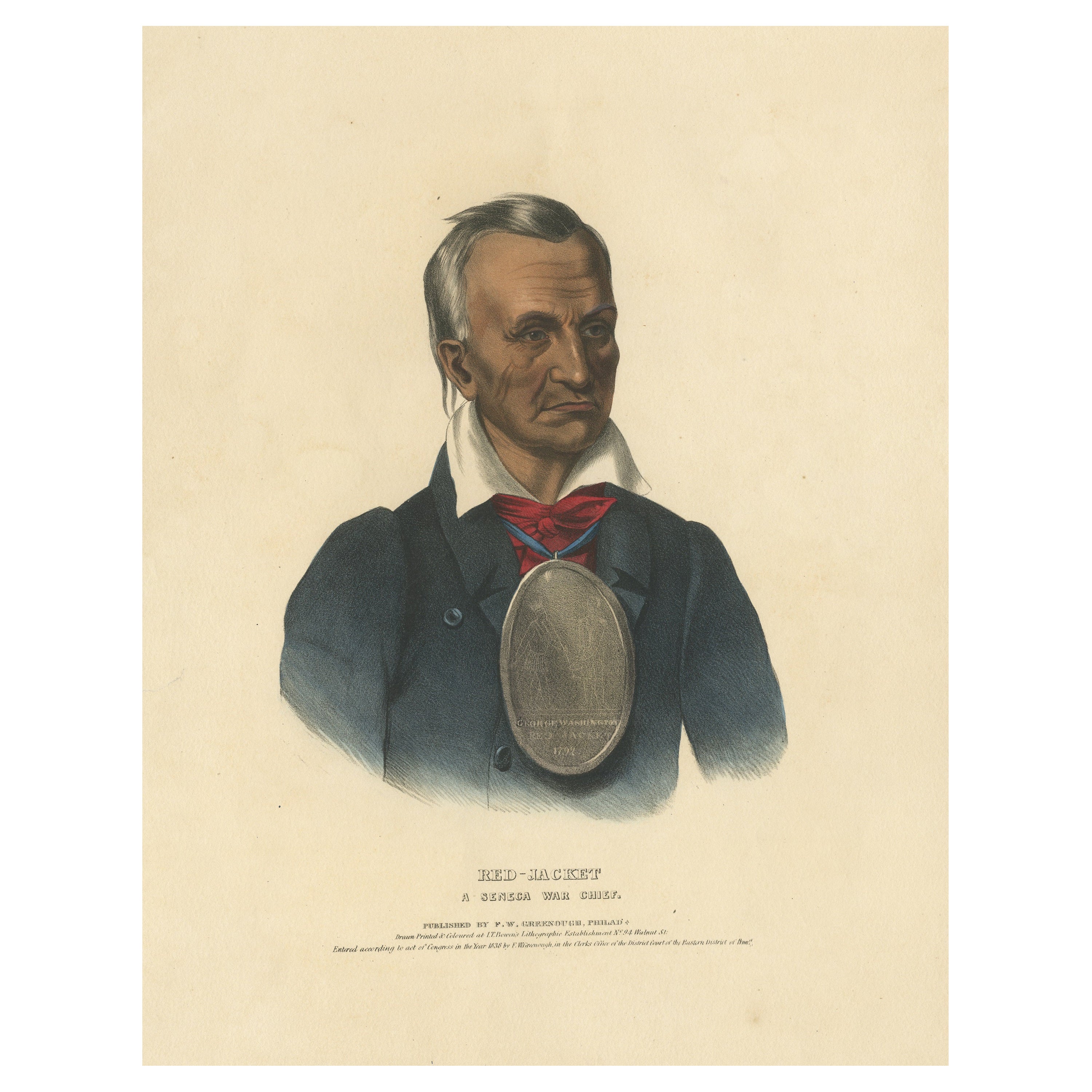 Grande gravure ancienne de Red-Jacket, chef de guerre Seneca, vers 1838
