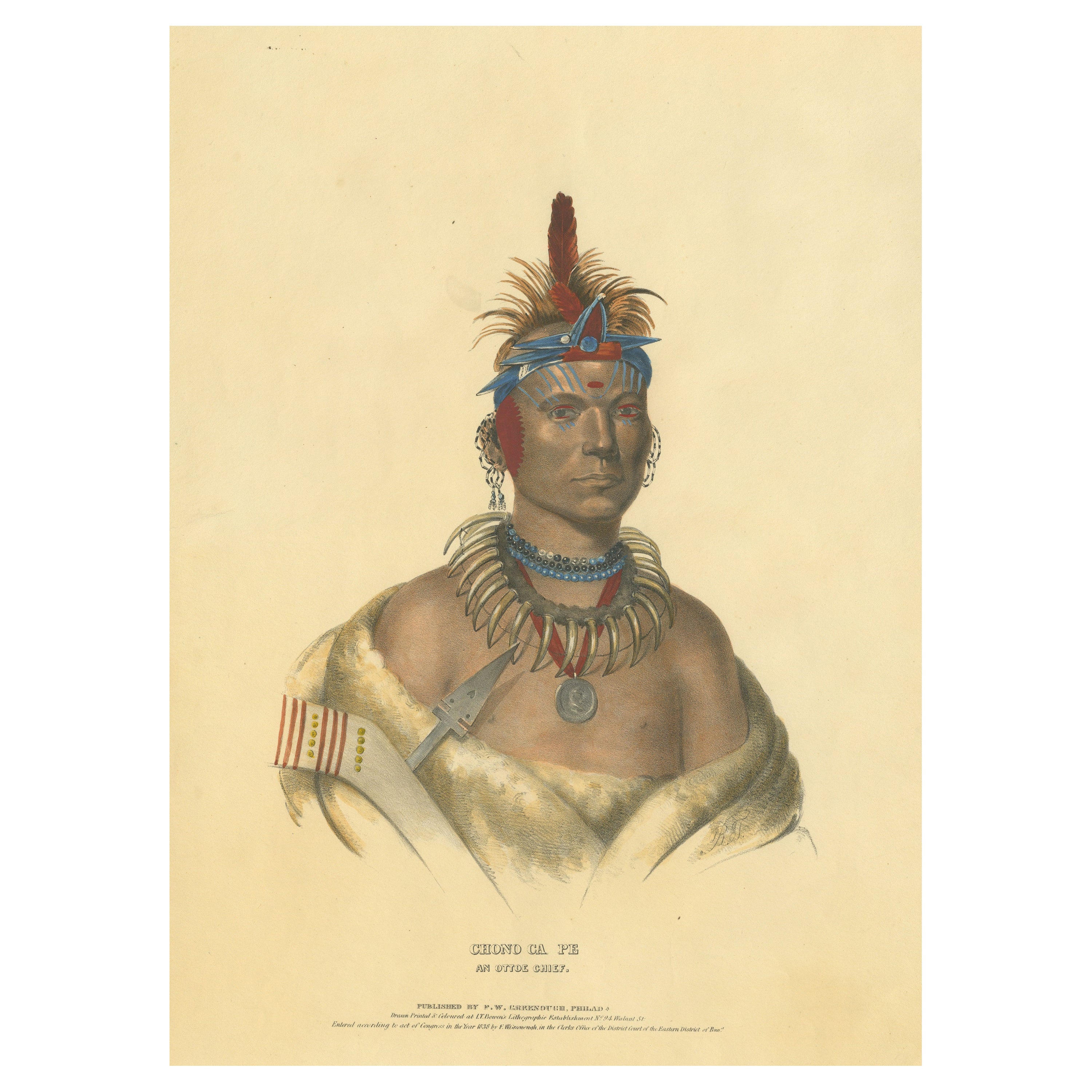 Grande gravure ancienne de Chono Ca Pe, un chef Otoe, vers 1838 en vente