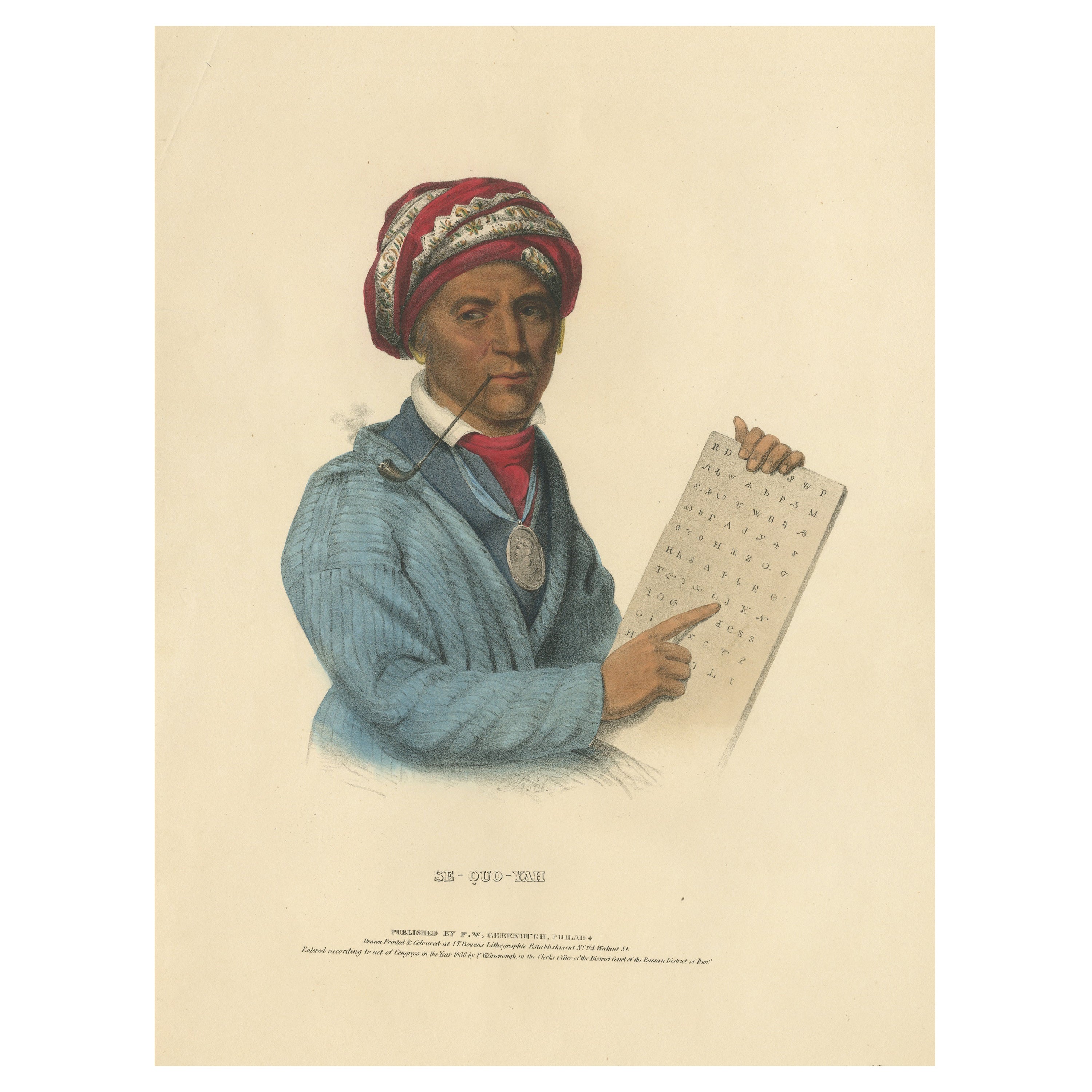 Large Antique Print of Sequoyah, also known as George Gist, circa 1838 For Sale