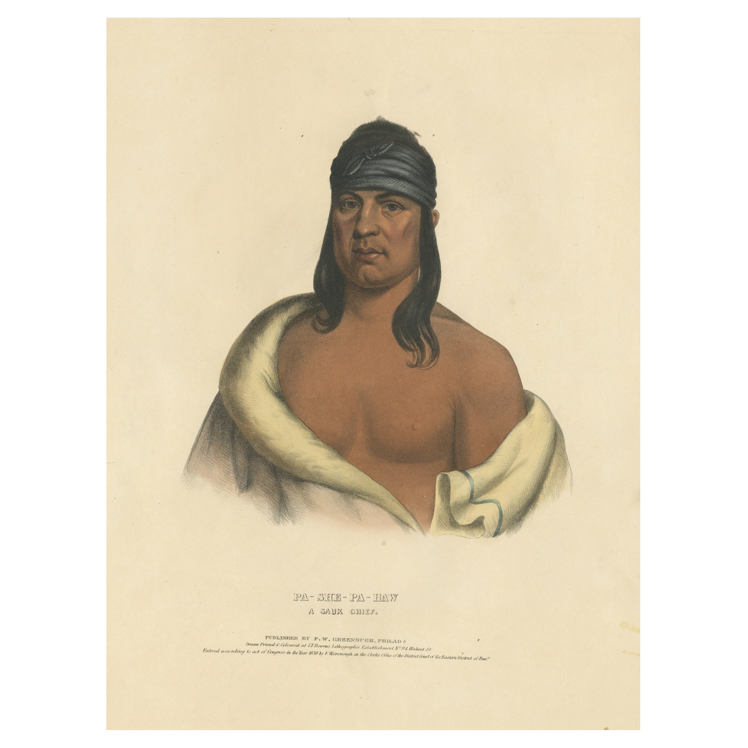Large Hand-Colored Antique Print of Pa-She-Pa-Haw, a Sauk Chief, circa 1838 For Sale