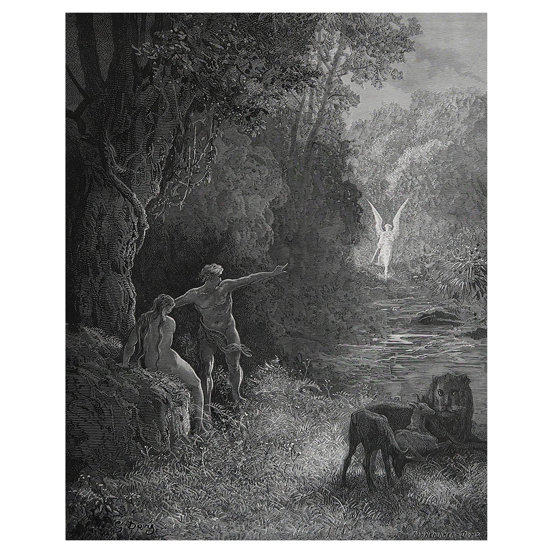 Grande estampe ancienne originale de Gustave Doré tirée du " Paradis perdu " de Milton. 