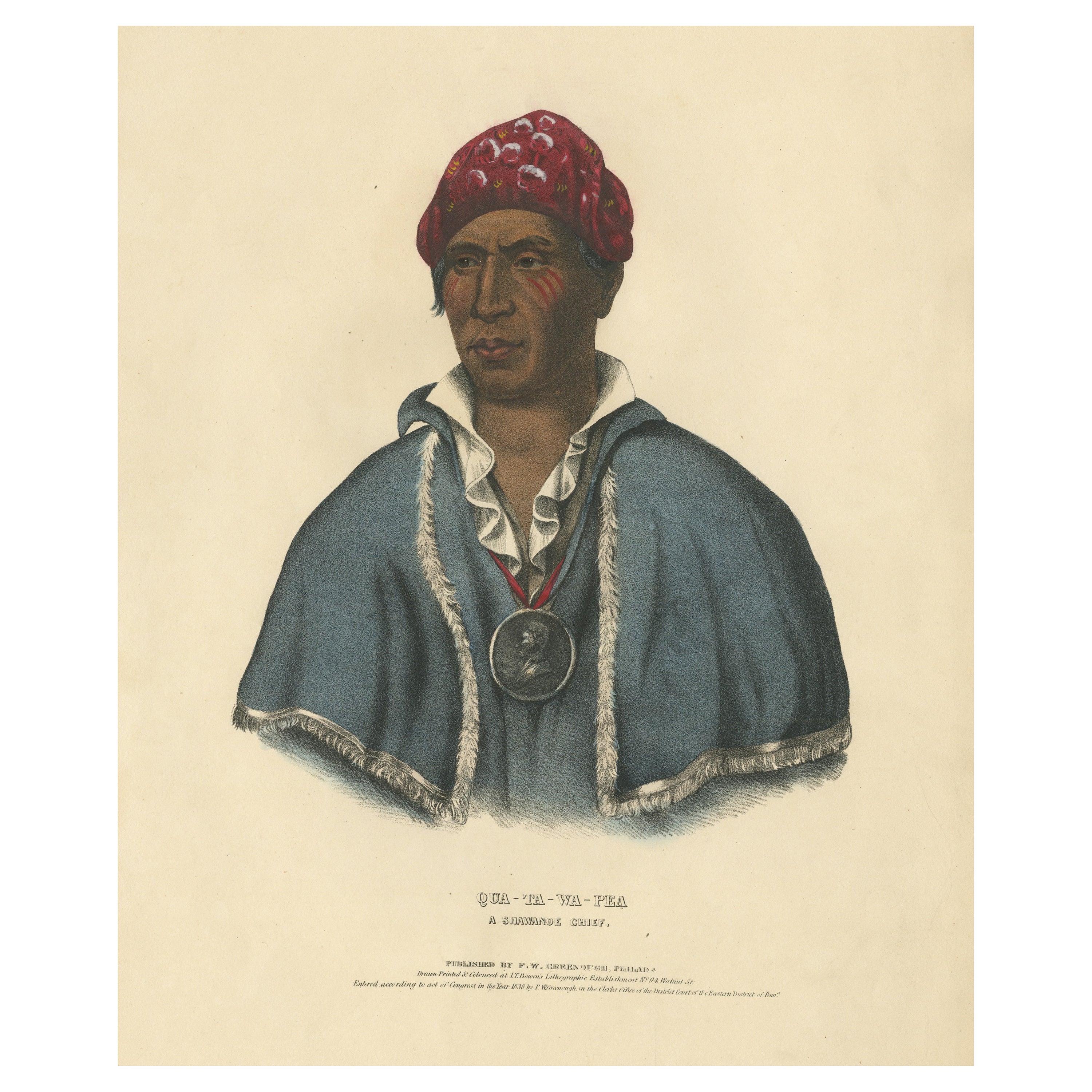 Grande gravure ancienne coloriée à la main de Qua-Ta-Wa-Pea, un chef shawnee, vers 1838 en vente