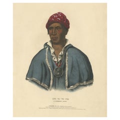 Grande gravure ancienne coloriée à la main de Qua-Ta-Wa-Pea, un chef shawnee, vers 1838