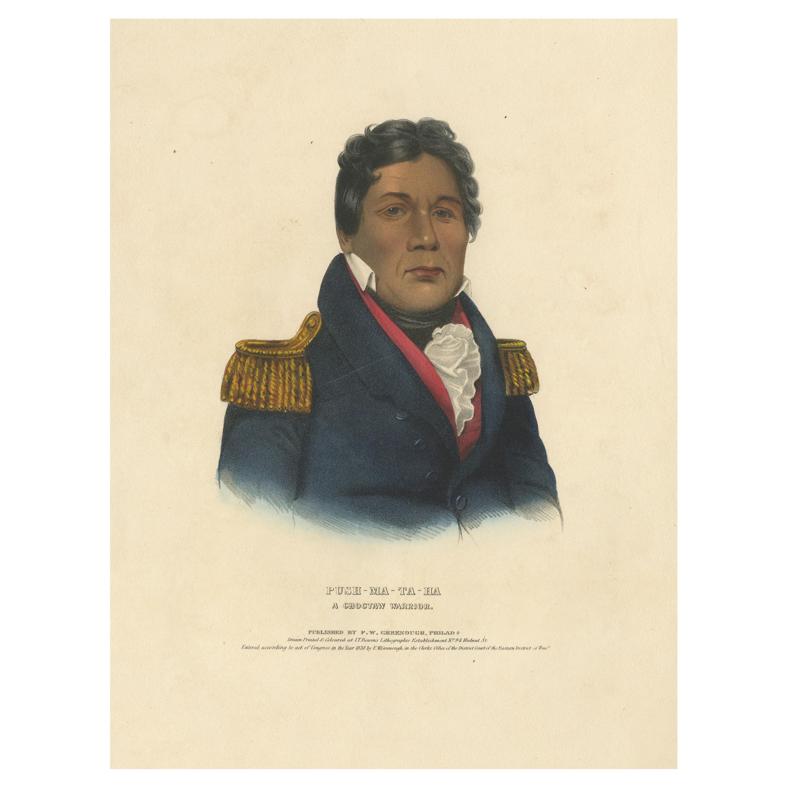Grande gravure ancienne de Push-Ma-Ta-Ha, un guerrier Choctaw, vers 1838