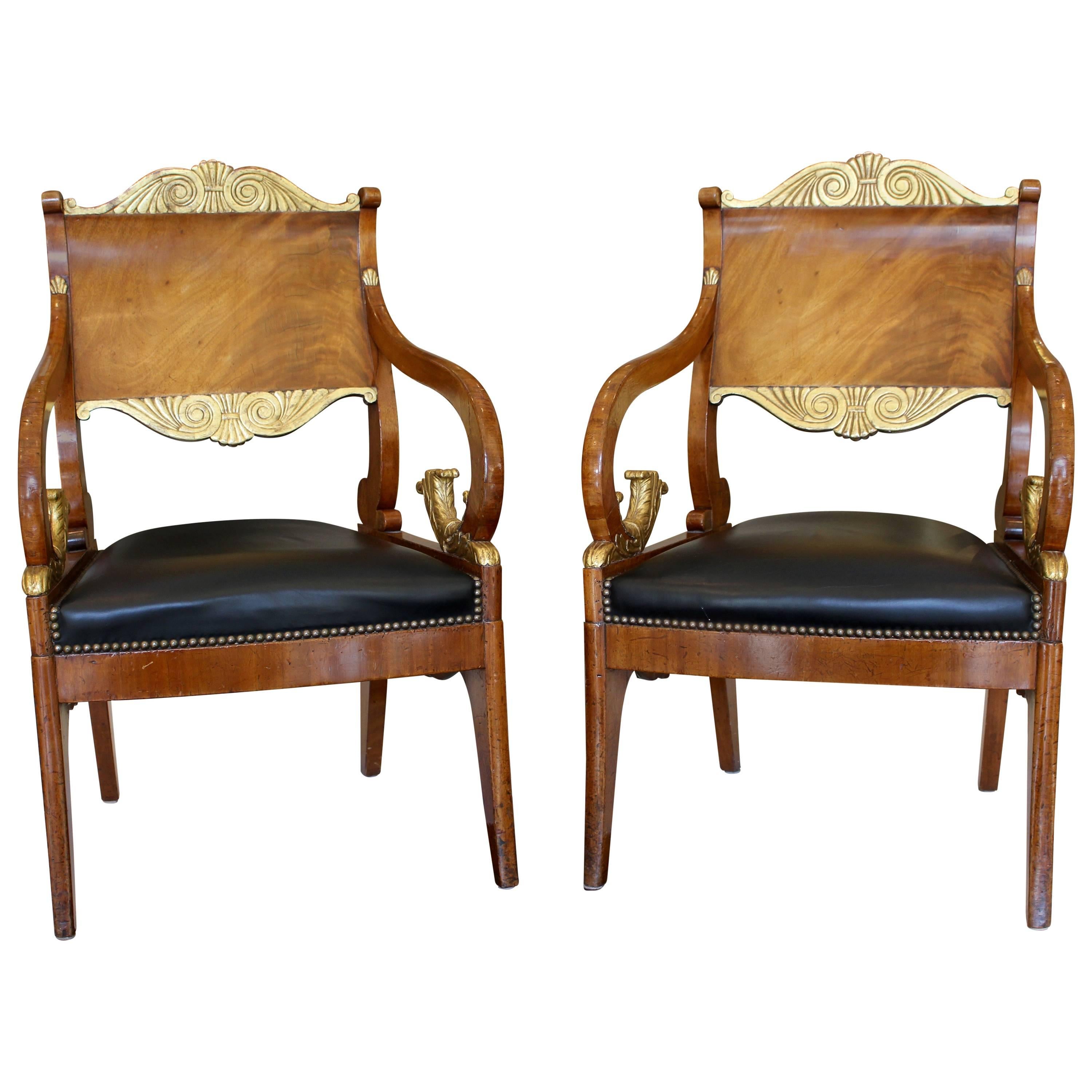 Pair of 18th Century Russian Neoclassical Period Mahogany Parcel-Gilt Armchairs For Sale