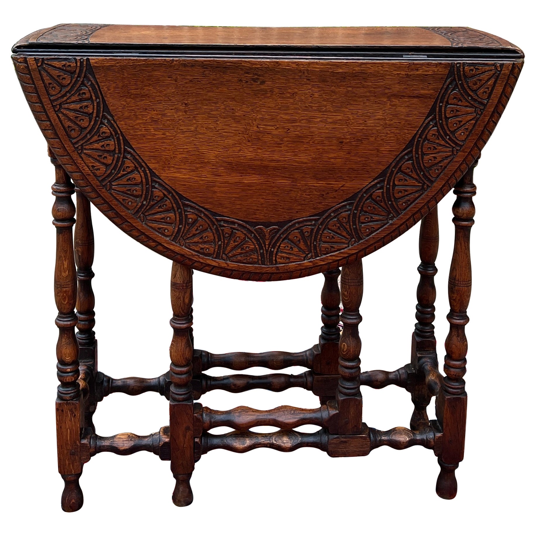 Antique English Table Drop Leaf Gateleg Turned Post Carved Top Oak Oval For Sale