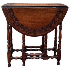 Used English Table Drop Leaf Gateleg Turned Post Carved Top Oak Oval