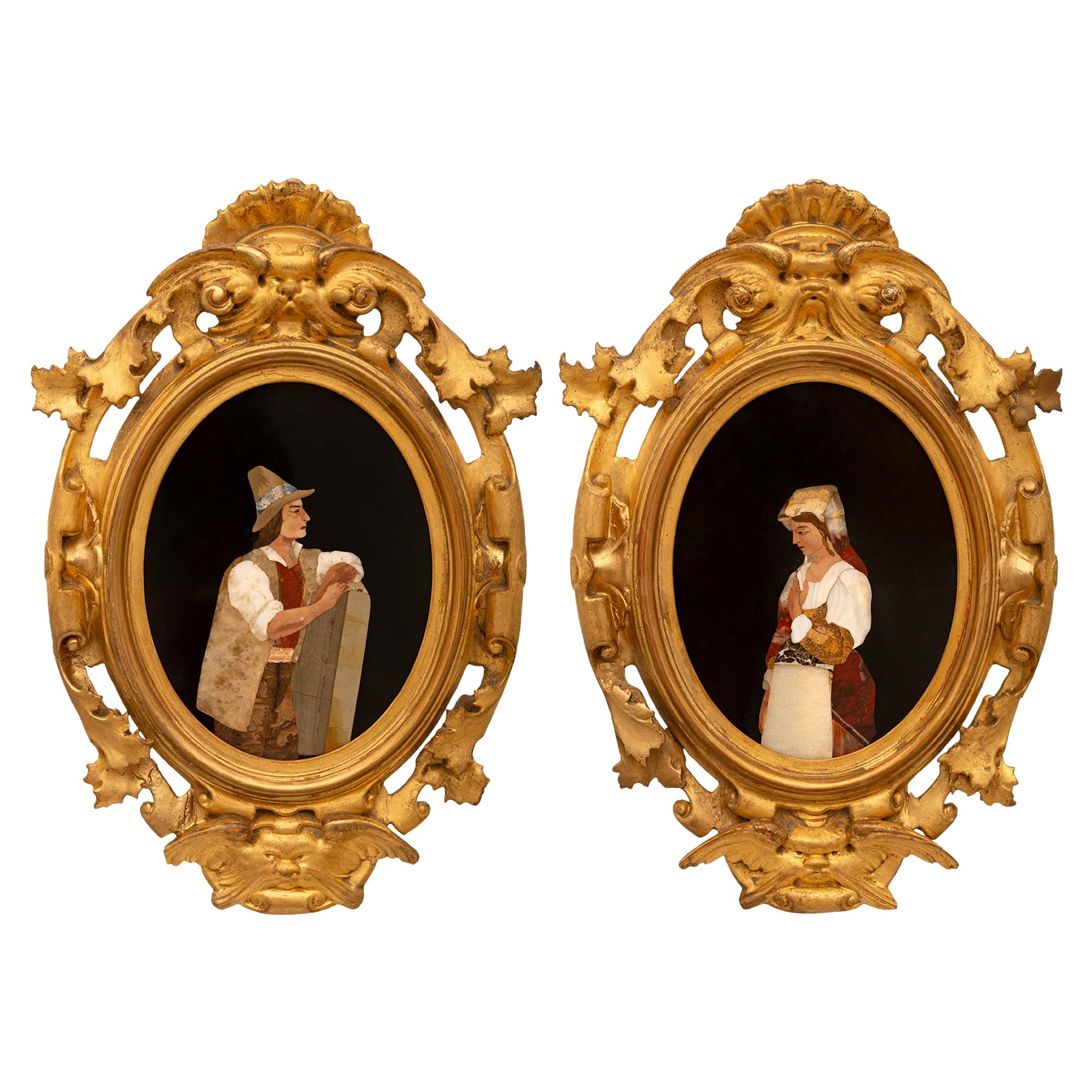True Pair Of Italian 19th Century Louis XV St. Giltwood & Marble Plaques