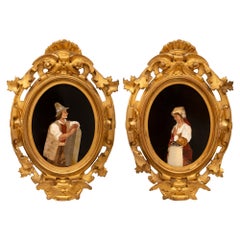 Antique True Pair Of Italian 19th Century Louis XV St. Giltwood & Marble Plaques