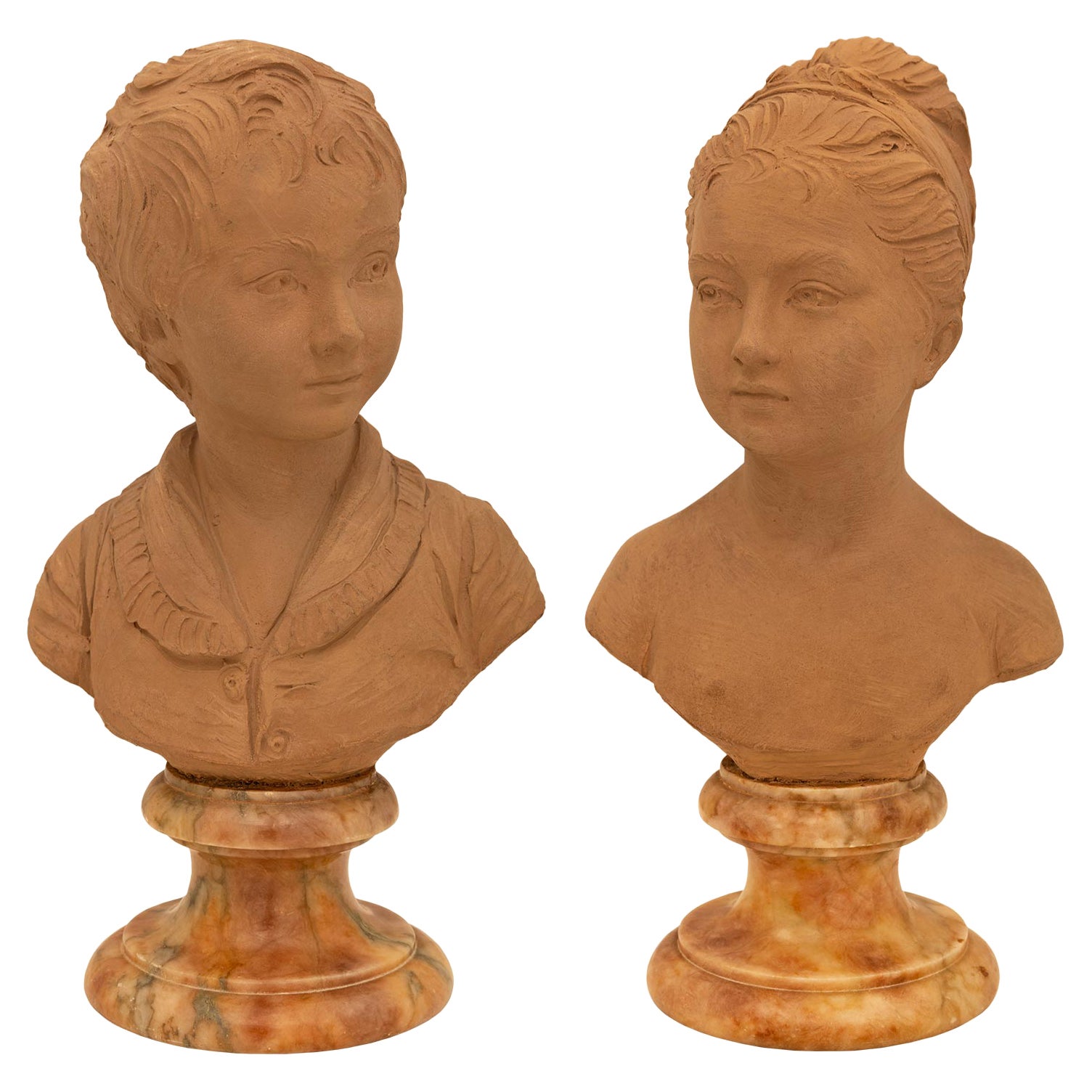 True Pair Of French 19th Century Louis XVI St. Terra Cotta & Marble Busts For Sale