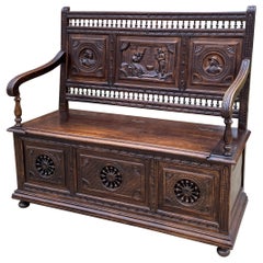 Used French Breton Bench Settee Entry Hall Brittany Carved Oak Banquette