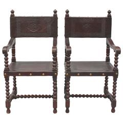 Pair of Spanish Revival Chairs with Turned Legs and Tooled Leather