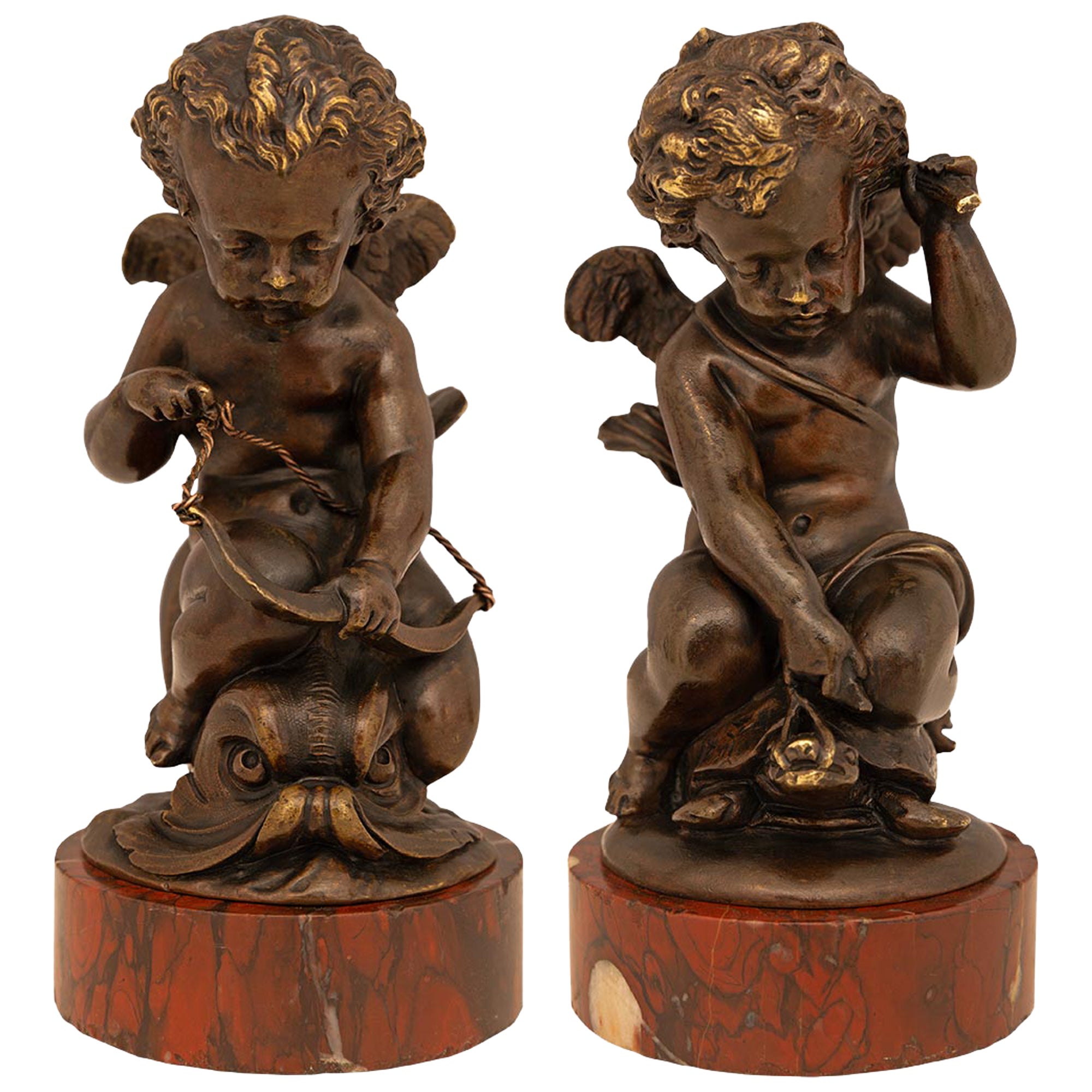 True Pair Of French 19th Century Rouge Griotte Marble And Bronze Statues For Sale